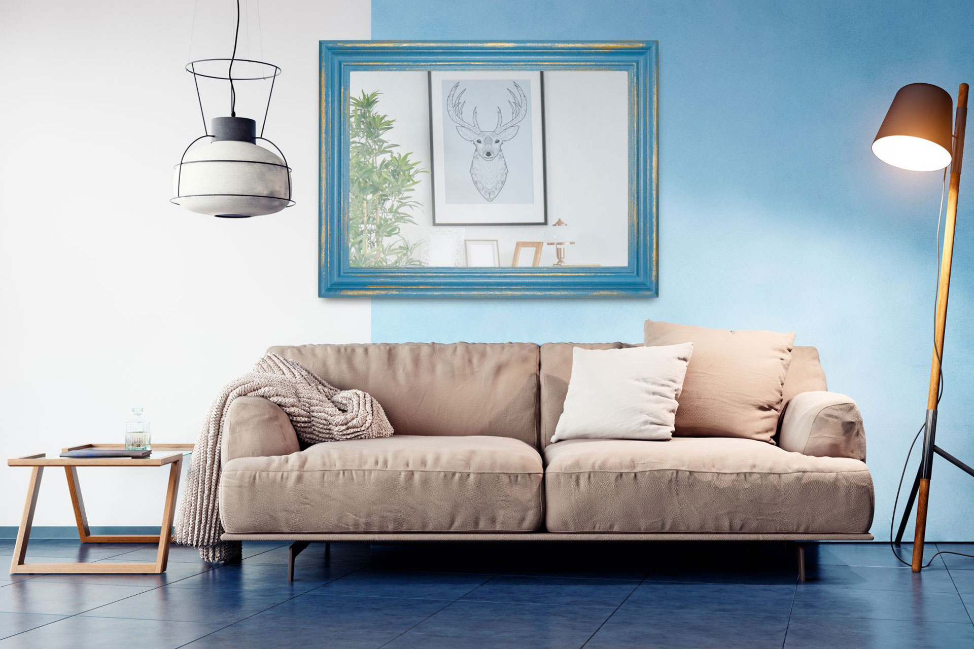 Wandspiegel Modell Le Havre, Gold/Hellblau Form: rechteckig Herstellung: by ASR-Rahmendesign Material: Holz, Wandspiegel, Shabby-Chic, Ansicht Innenbereich, an der Wand