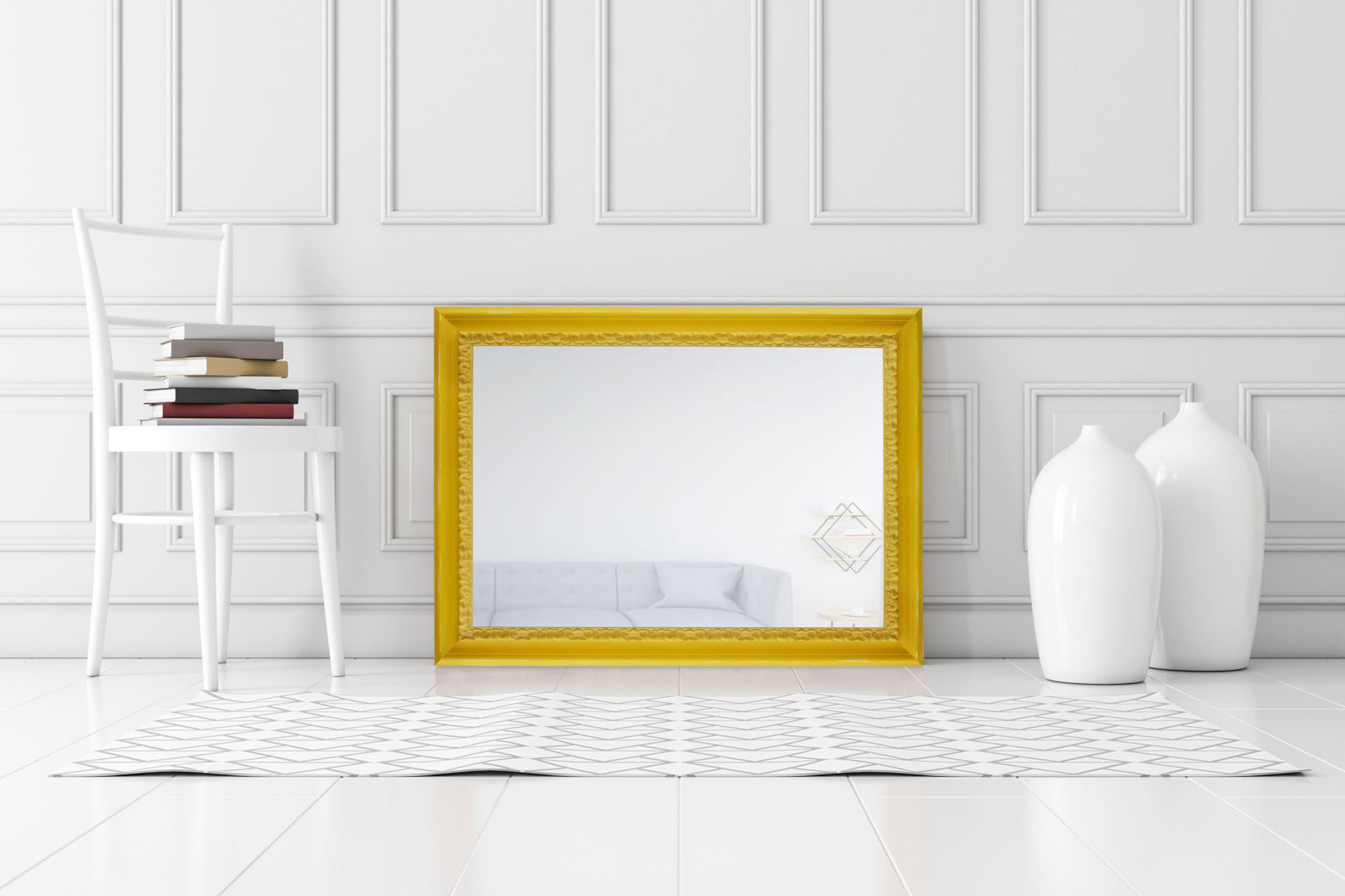 Wandspiegel Modell Amos, Farbe: warm yellow, Vintage Style, am Boden stehend 