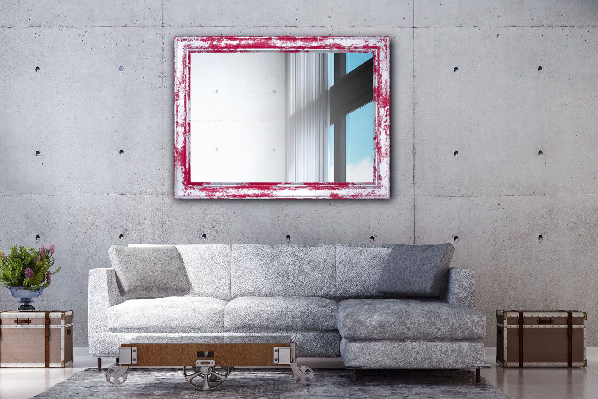 Modell Manhattan, rechteckig, Finishing: Capri Pink/Schlagmetall Silber wild, Herstellung: ASR-Rahmendesign Material: Holz, Ansicht Innenbereich, an der Wand