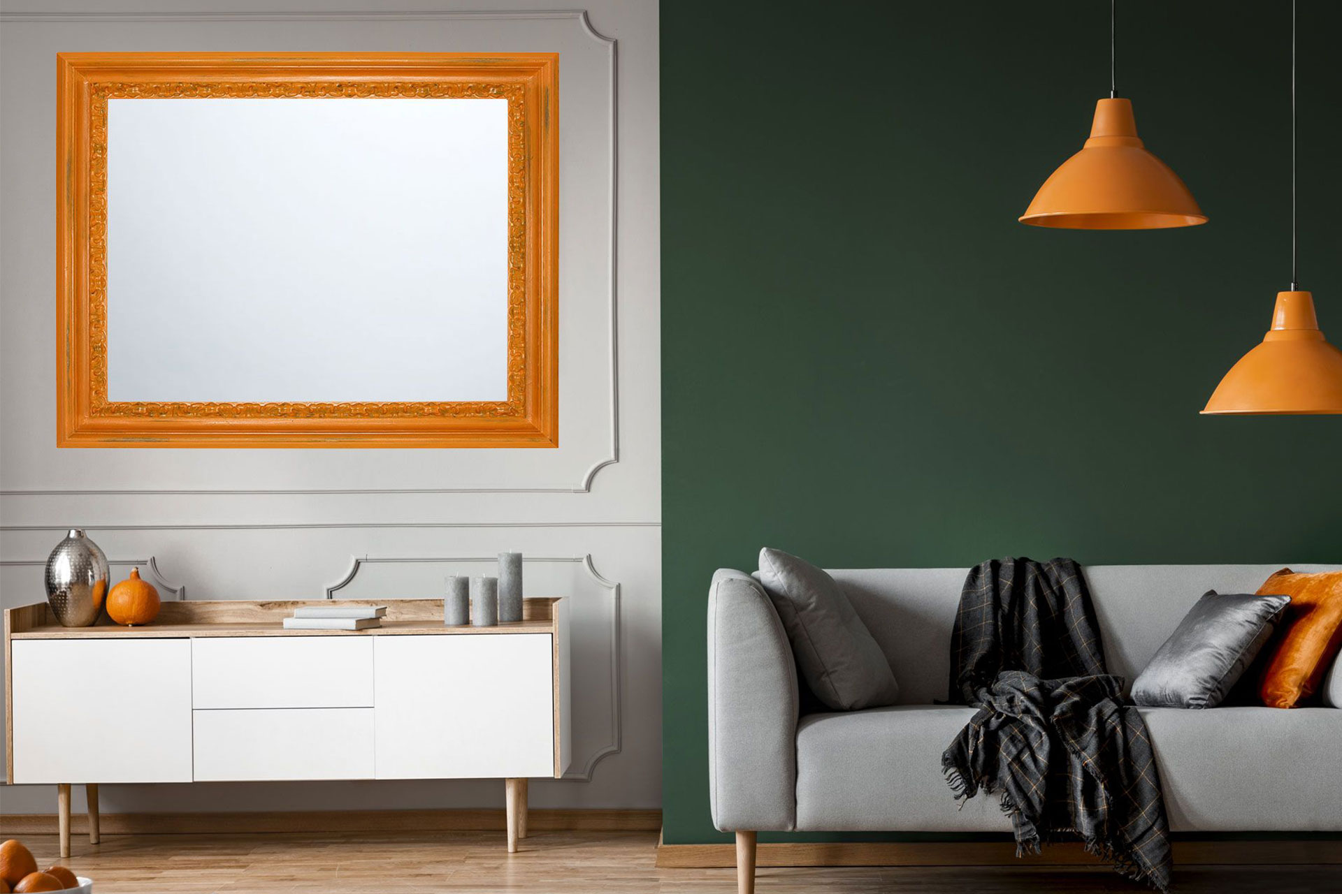 Wandspiegel Modell Metz, Spiegel: Facettenspiegel, Shabby-Chic Style, Design/Farbe:  Braun/Orange, Raum: Flur, Innenbereich, Schlafzimmer, Wohnzimmer, Frontansicht, Rahmen mit Spiegel an der Wand hängend