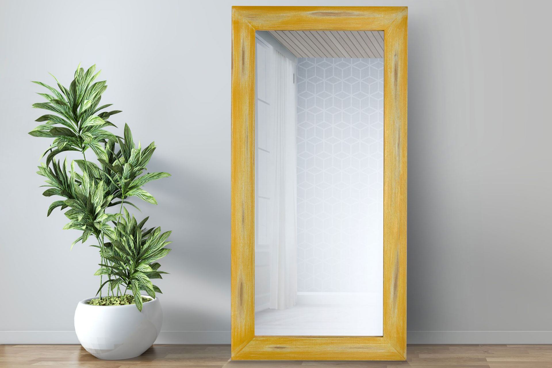 Modell Etta, rechteckig, Farbe: gelb, modern, Herstellung: ASR-Rahmendesign Material: Holz, Spiegel Facette, Ansicht an der Wand