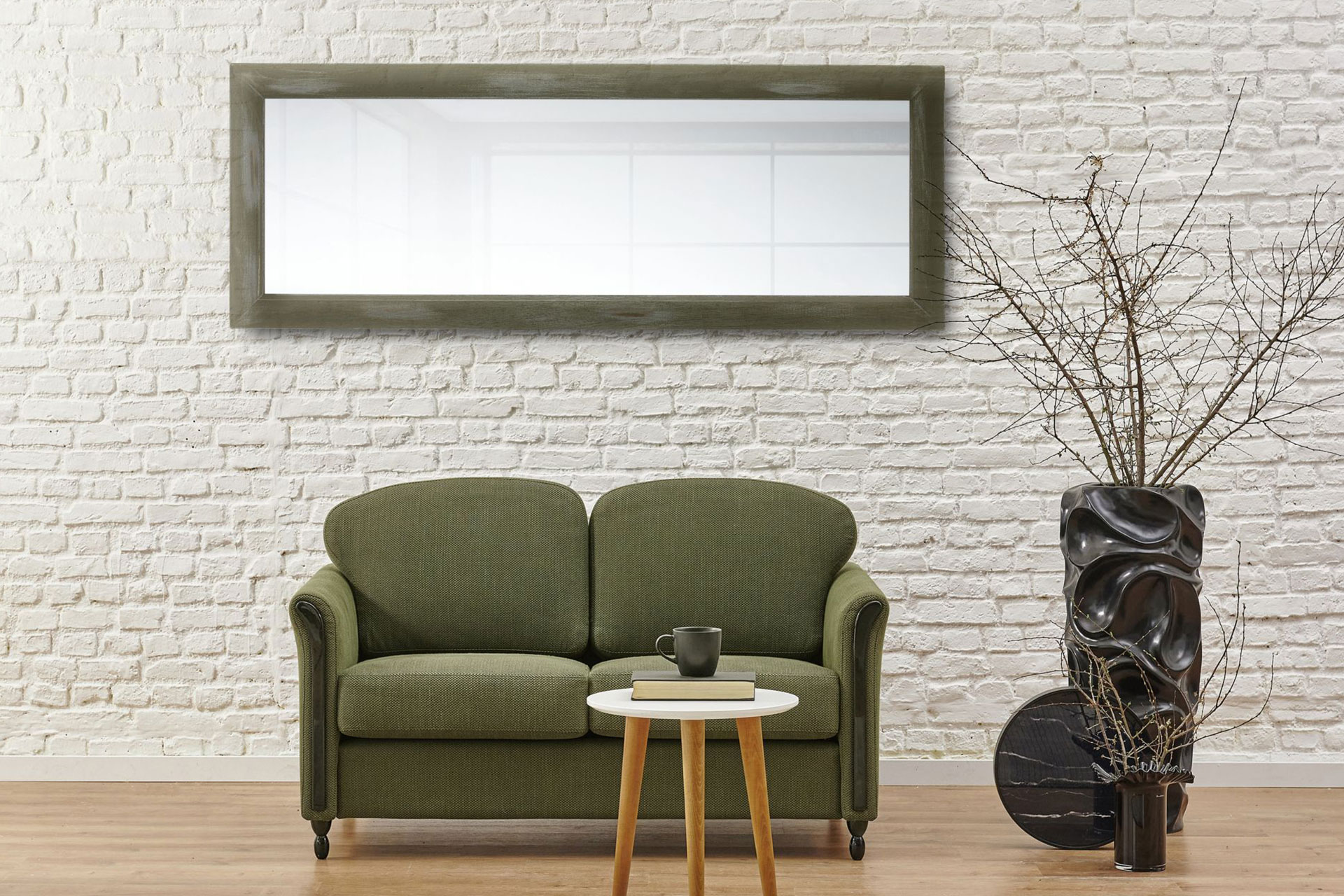 Wandspiegel Modell Olive, Shabby-Chic, olivgrün, Facettenspiegel, rechteckig, Holz, Innenbereich, modern, ASR-Rahmendesign. An der Wand