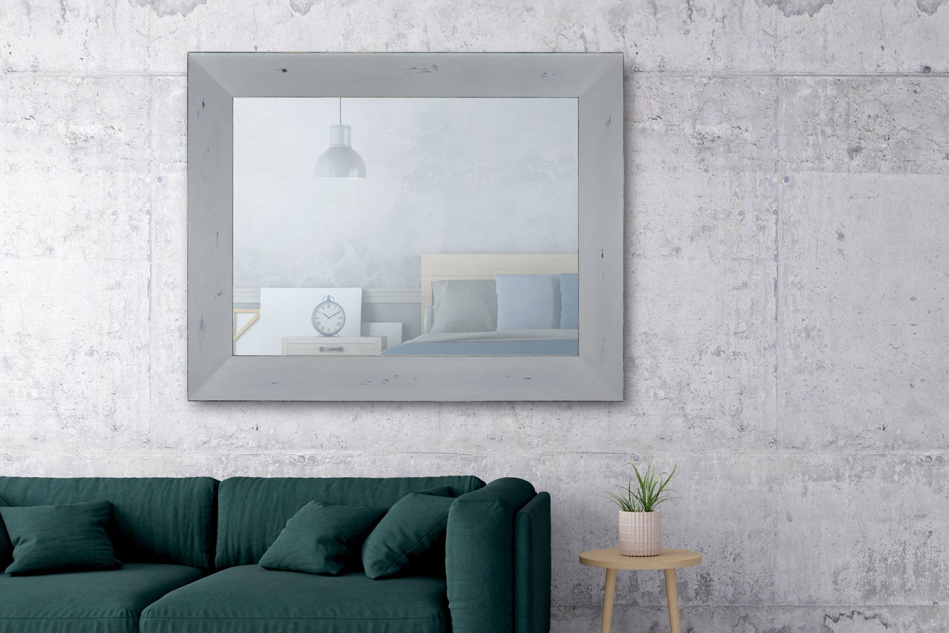 Wandspiegel Modell Stralsund, Shabby-Chic, Farbe: Stone grey / Black velvet, Form: rechteckig Spiegel: glatt, modern, Raum: Flur, Innenbereich, Schlafzimmer, Wohnzimmer, an der Wand hängend