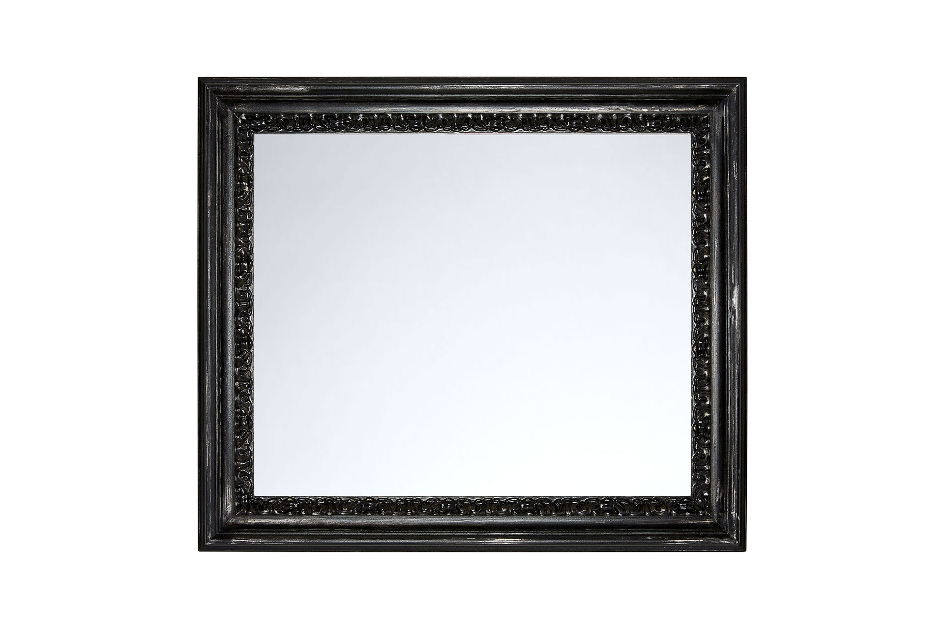 Wandspiegel Shabby-Chic Modell Lens, rechteckig, Farbe: Silber/Schwarz, Shabby-Chic, Frontansicht quer Rahmen mit Spiegel
