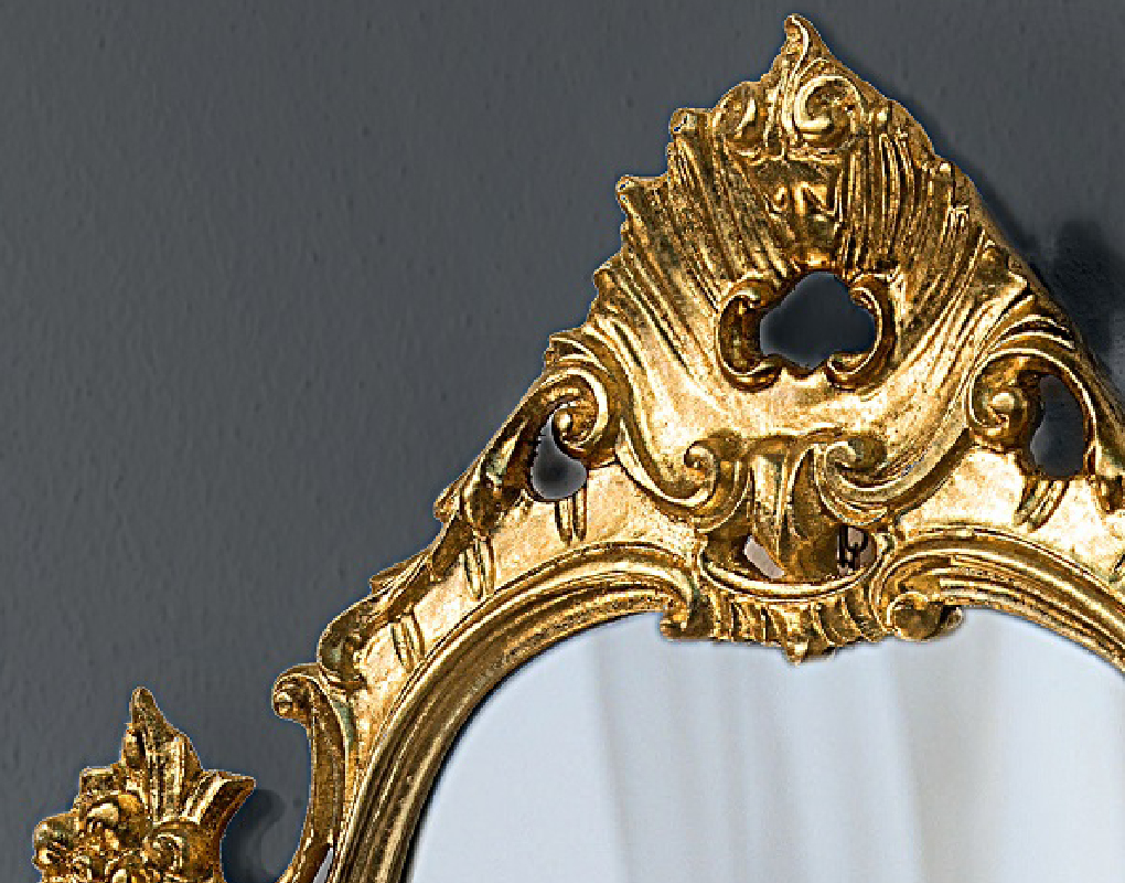 Barockspiegel Modell Hirschau, Blattgold, konturiert, Herstellung: ASR-Rahmendesign Material: Holz, Wandspiegel, Ansicht Innenbereich, Eckausschnitt