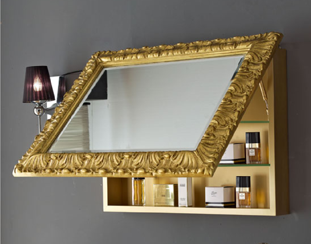 Badspiegel Modell exklusiv Helsinki, Blattgold Bronze, Form: rechteckig, Positionierung: horizontal, Type: Spiegel Facette, Material: Holz, Style: klassisch, Ansicht , an der Wand hängend, Tür geöffnet