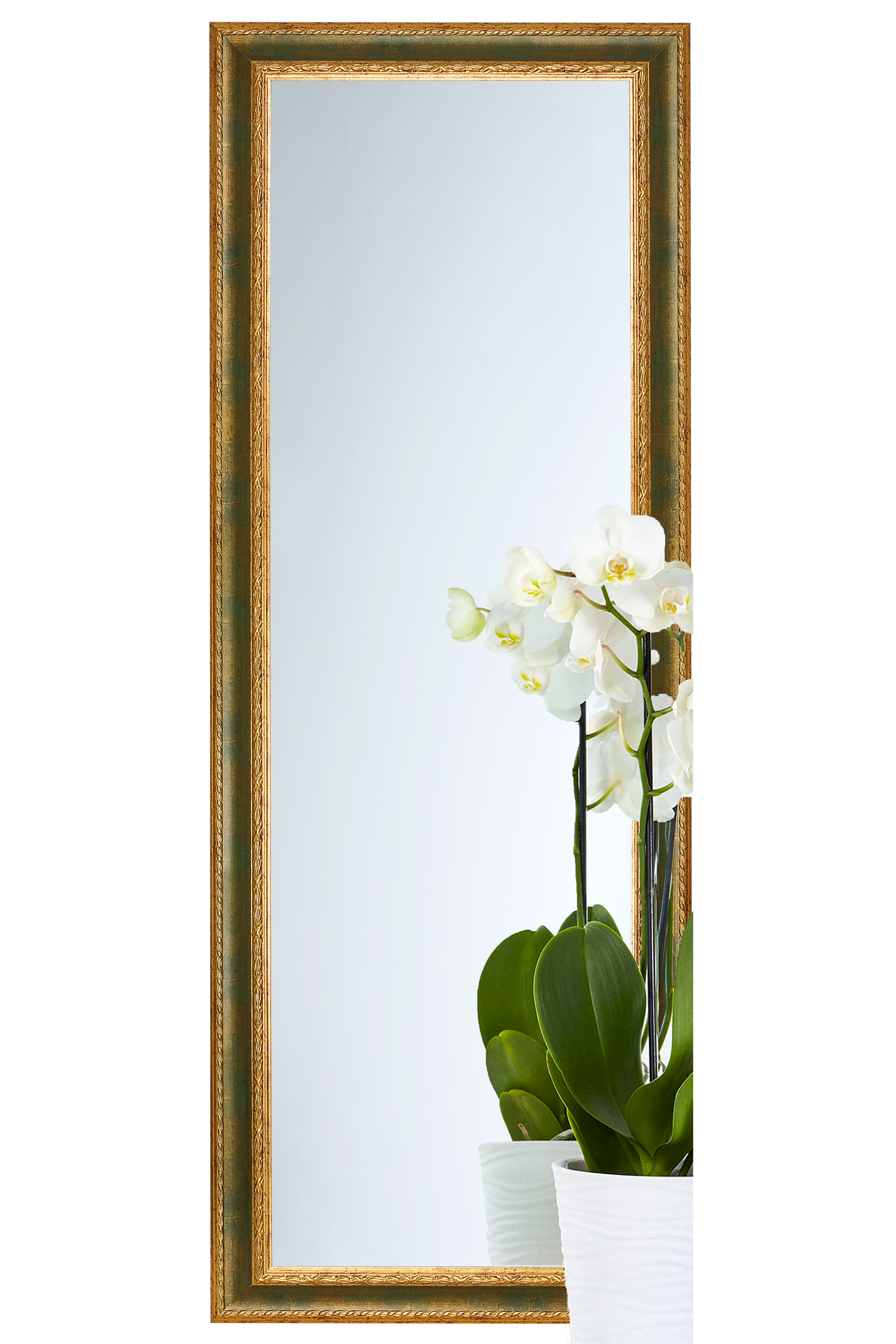 Modell Athen, rechteckig, Farbe: Lamellenpinie; Gold grün, Herstellung: ASR-Rahmendesign Material: Holz, Facettenspiegel, Ansicht Innenbereich, an der Wand
