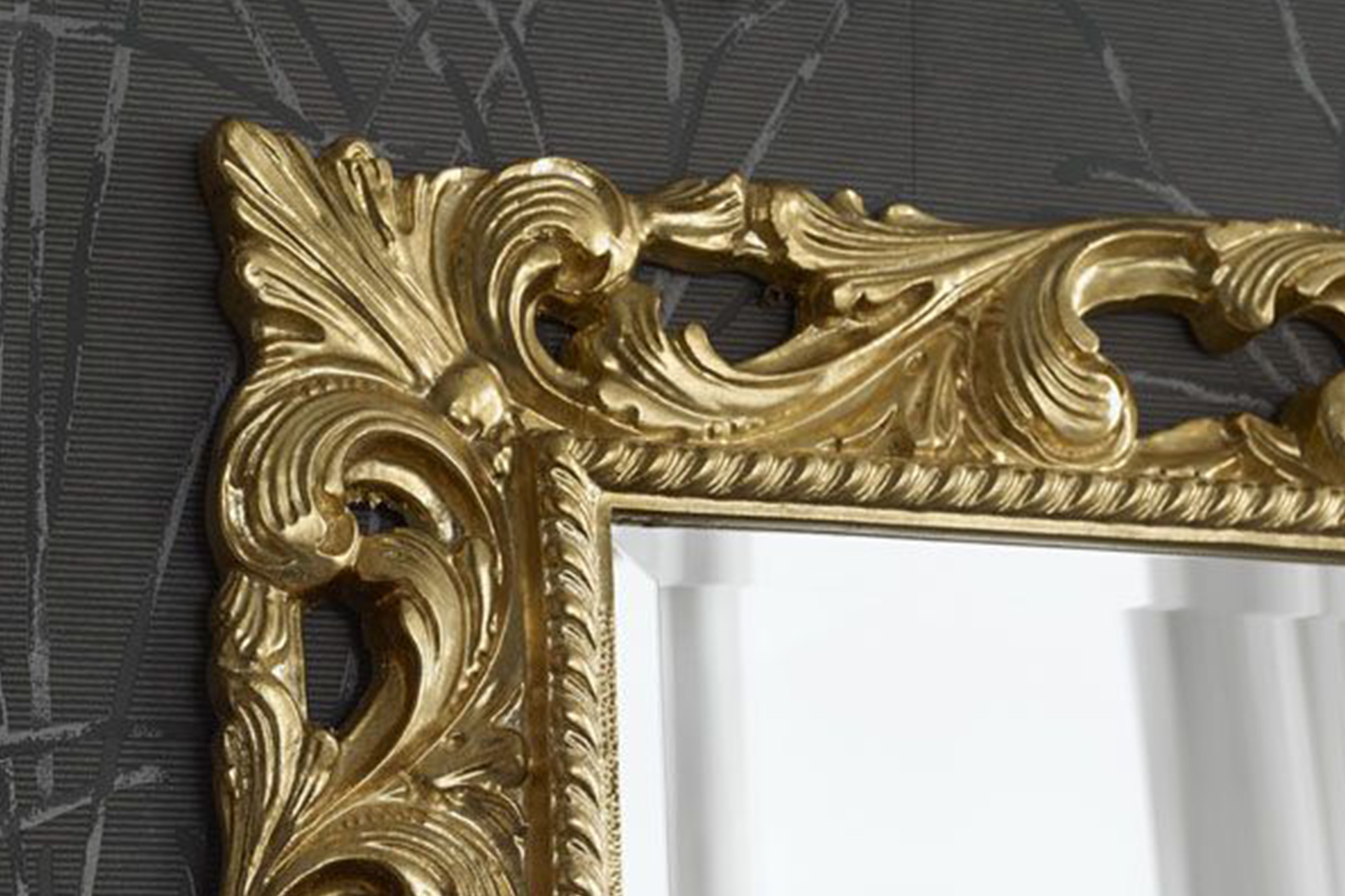 Modell Münster, rechteckig, Farbe: Blattgold, klassisch, Herstellung: ASR-Rahmendesign Material: Holz, Spiegel glatt, Frontansicht Ecke oben