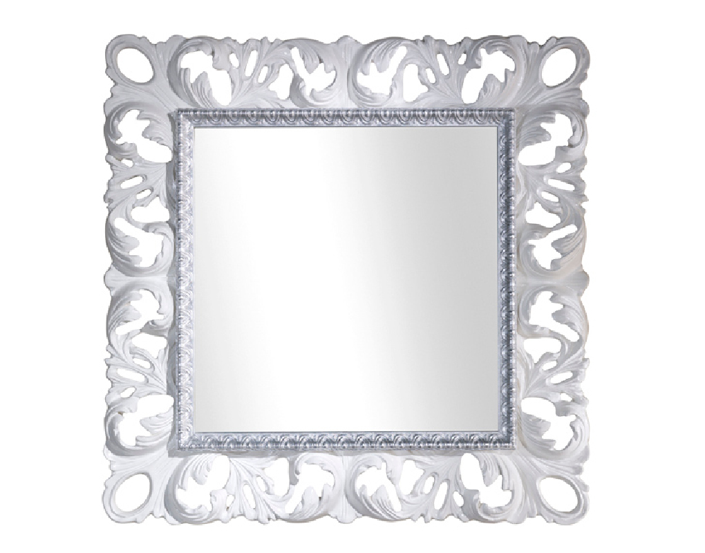 Barock Spiegel Modell Ostuni Hochweiß lackiert mit hellen Blattsilberdetails perforiert, quadratisch