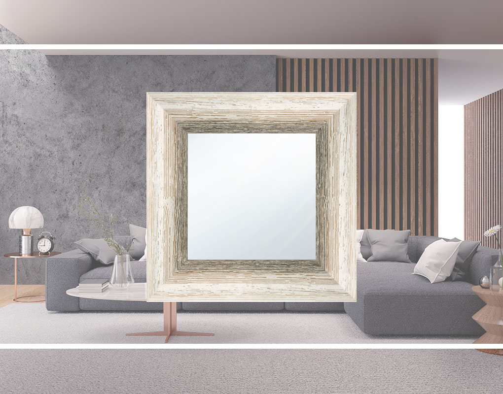 Modell Santa Monica, rechteckig, Farbe: gekälkt Weiss-grau, Herstellung: ASR-Rahmendesign Material: Holz, Ansicht Innenbereich, an der Wand