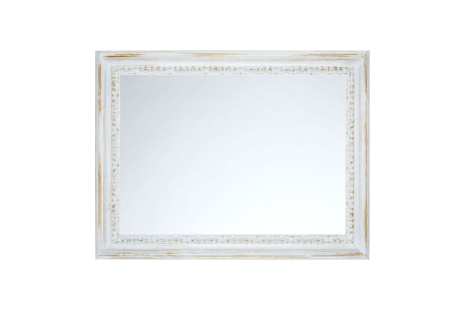 Wandspiegel Modell Nimes, Shabby-Chic, rechteckig, Finishing: Gold/Weiß, modern. Frontansicht quer mit Spiegel
