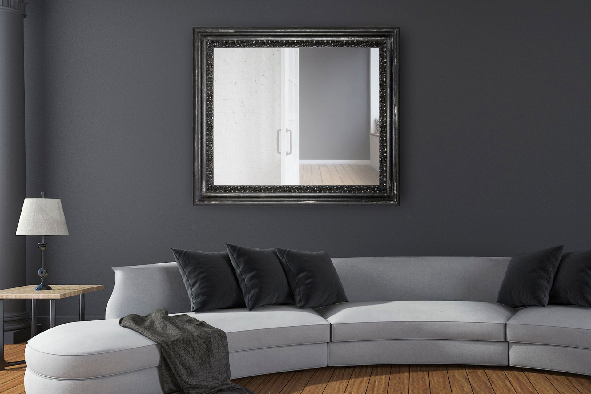 Wandspiegel Shabby-Chic Modell Lens, rechteckig, Farbe: Silber/Schwarz, Shabby-Chic, an der Wand hängend