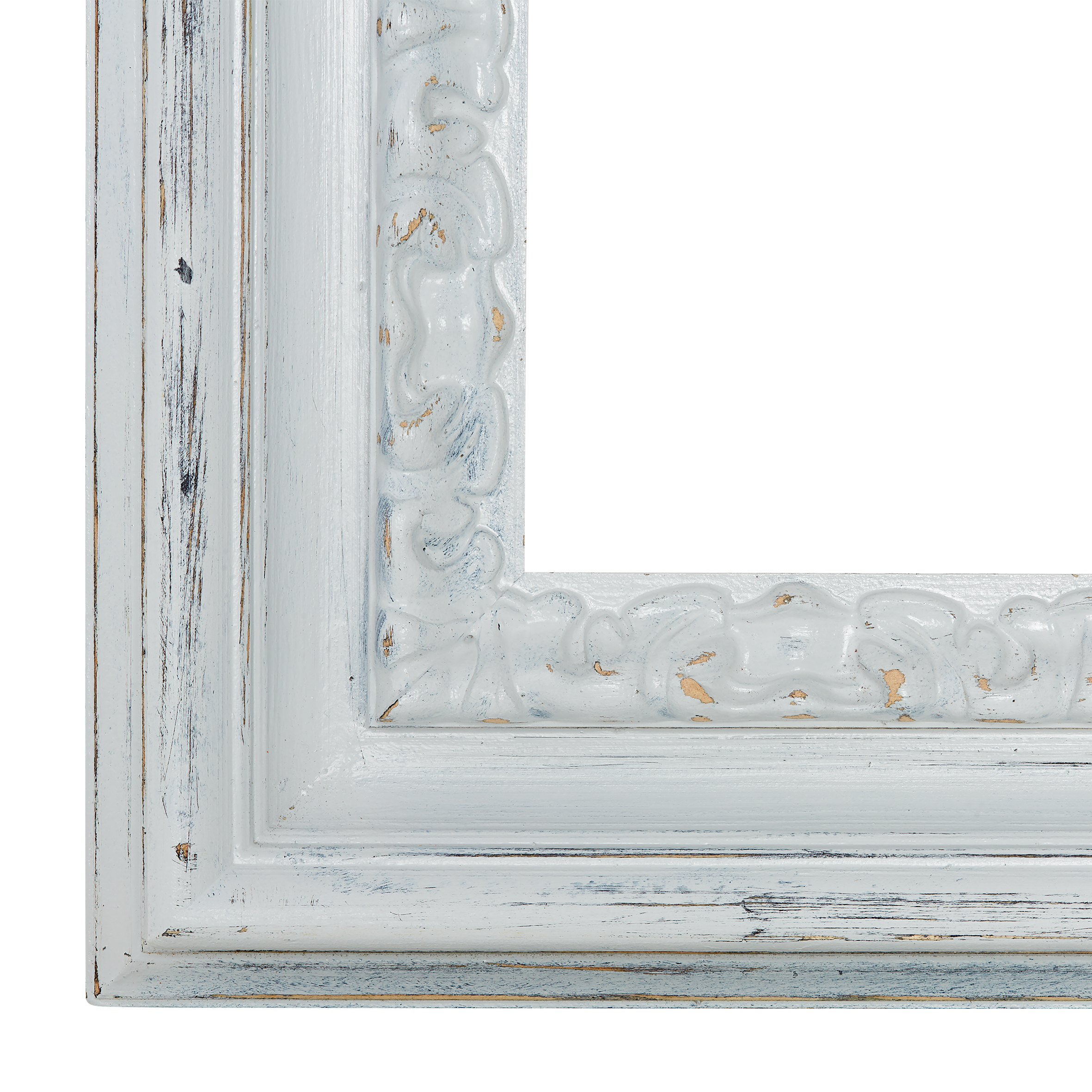 Modell Fionn, rechteckig, Farbe Gold/Weiß, Herstellung: ASR-Rahmendesign Material: Holz Tanne roh m. Ornament, Facettenspiegel, Ecke