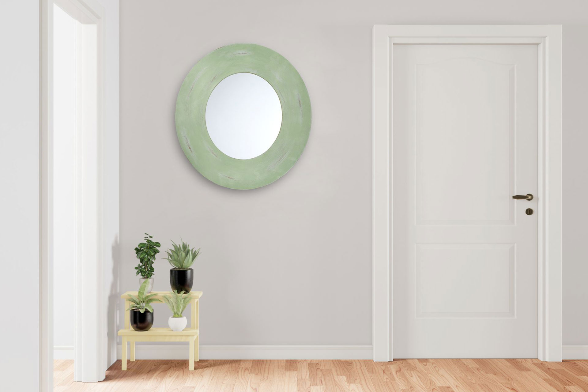 Wandspiegel Modell Menton, oval, Schilfgrün, an der Wand Eingangsbereich